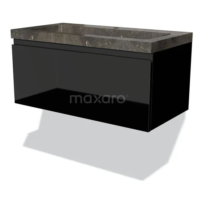Schwarz Badmöbel mit einem grauen Steine Waschbecken, modernes Design und geräumiger Schublade für eine stilvolle Badezimmerinrichtung.
