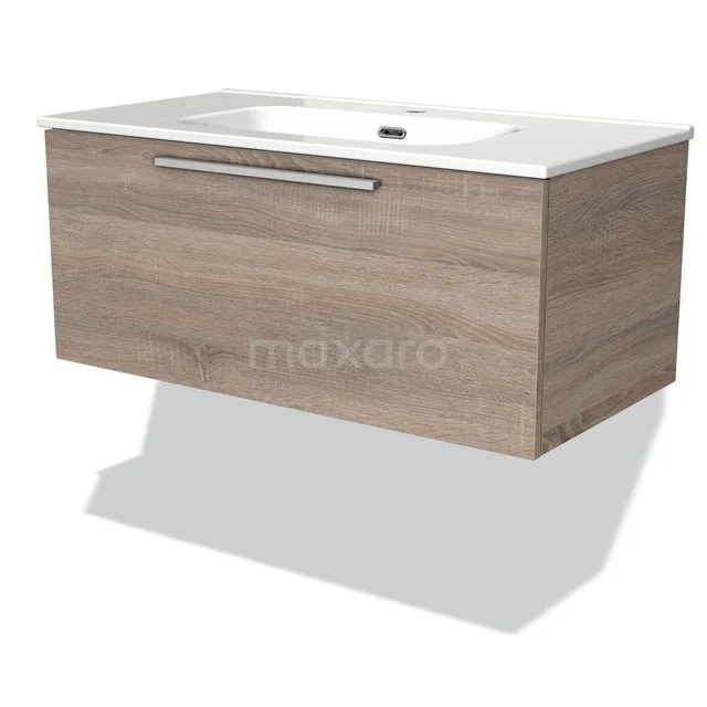 Holz-Badmöbel mit Waschbecken, schwebendes Design in Eichenoptik, moderne Ausstrahlung geeignet für stilvolle Bäder.