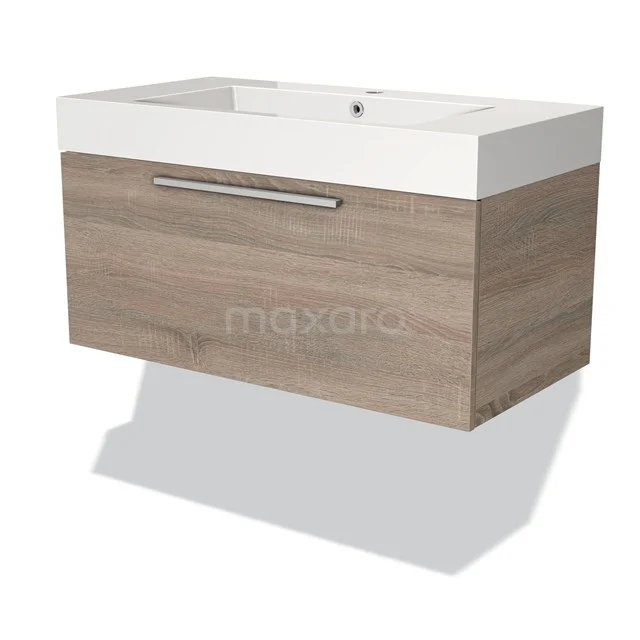 Wooden bathroom unit with drawers, modern oak look, built-in basin, ideal for a stylish and compact bathroom.