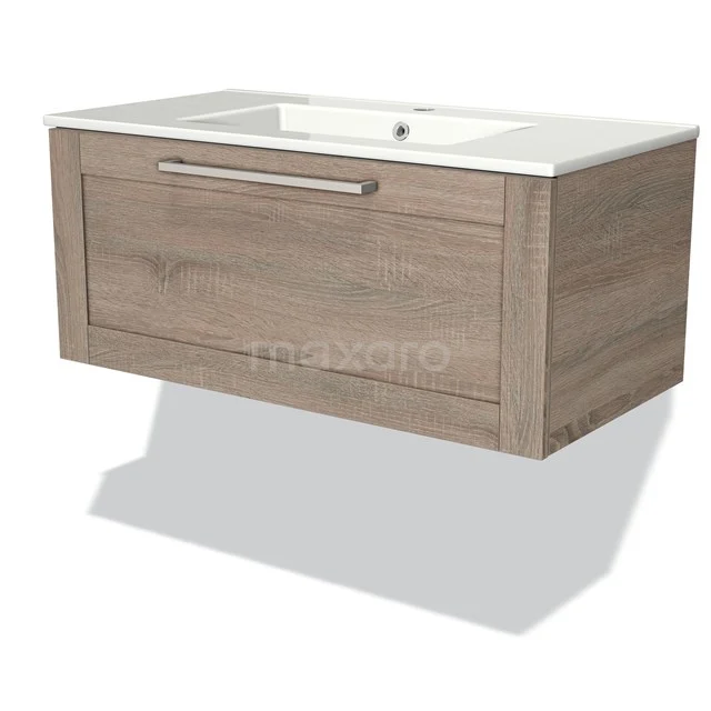 Holz-Waschtisch mit Eichenoptik, integrierte keramische Waschbecken und minimalistisches Design, perfekt für ein modernes Badezimmer.