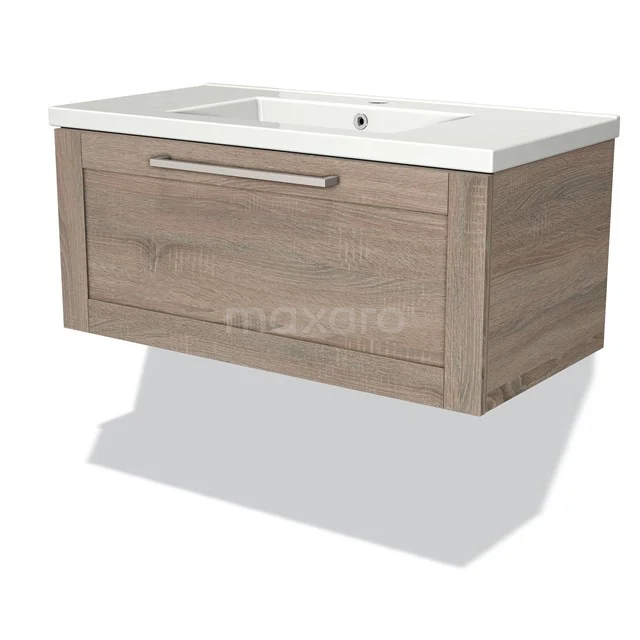 Wooden vanity units with basin, wall-mounted, light oak finish, white ceramic basin and metal Handle.