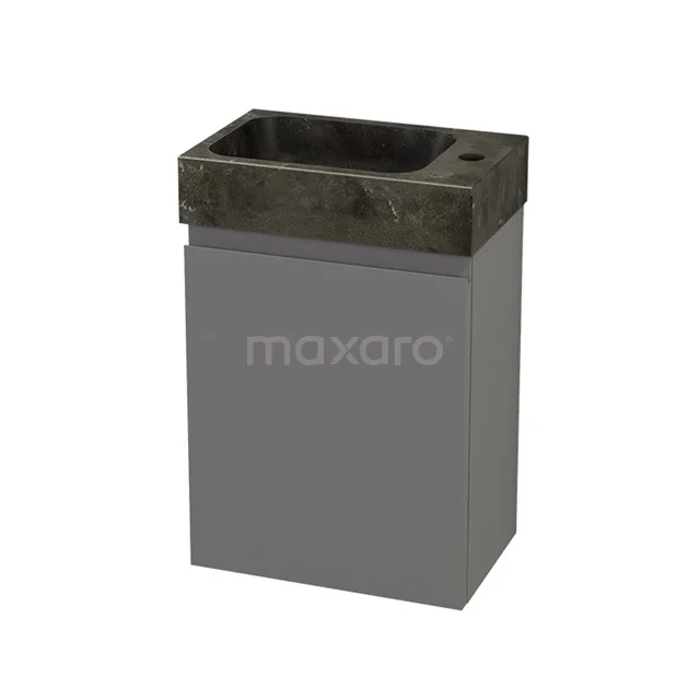 Compact grey washbasin cabinet with dark natural stone sink, ideal for small bathrooms or cloakrooms.