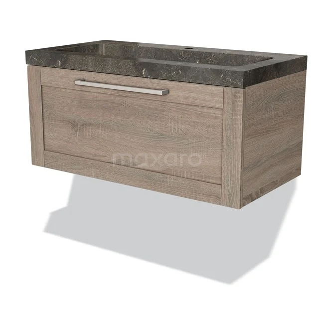 Wandhängender Holz-Badschrank mit einem dunklen Marmor-Waschbecken. Modernes Design und praktischer Stauraum.