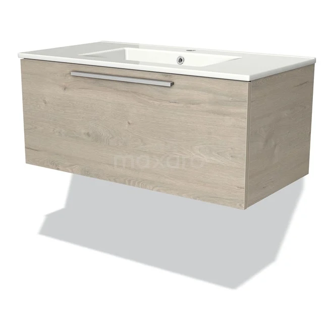 Modulo Bathroom furniture with sink | 90 cm Light grey oak Flat front Ceramic 1 drawer BMW11-00980 Wooden bathroom unit with oak look, single vanity units with basin and chrome handle, ideal for modern bathroom design.