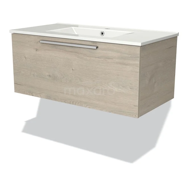 Wooden vanity unit with drawer, light oak, wall-mounted, with integrated basin; modern bathroom unit.