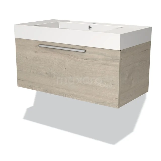 Holz Badmöbel mit Waschbecken, hell Eiche Farbe, minimalistisches Design, ideal für ein modernes Badezimmer.