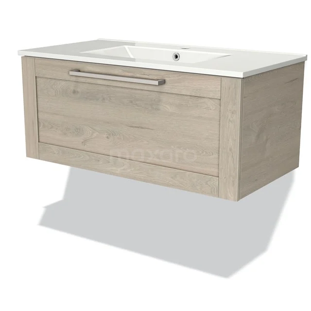 Wooden bathroom unit with drawers and white basin, modern design, ideal for storage and organisation in the bathroom.