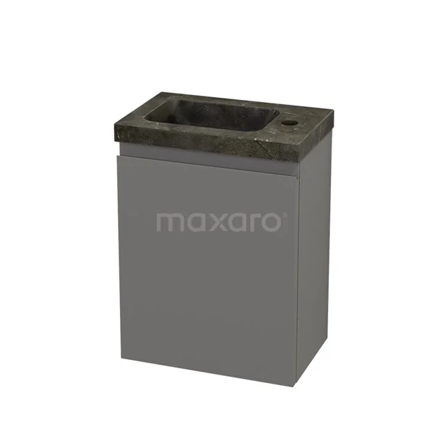 Grey bathroom furniture set with concrete basin cabinet, compact design, ideal for modern bathrooms.