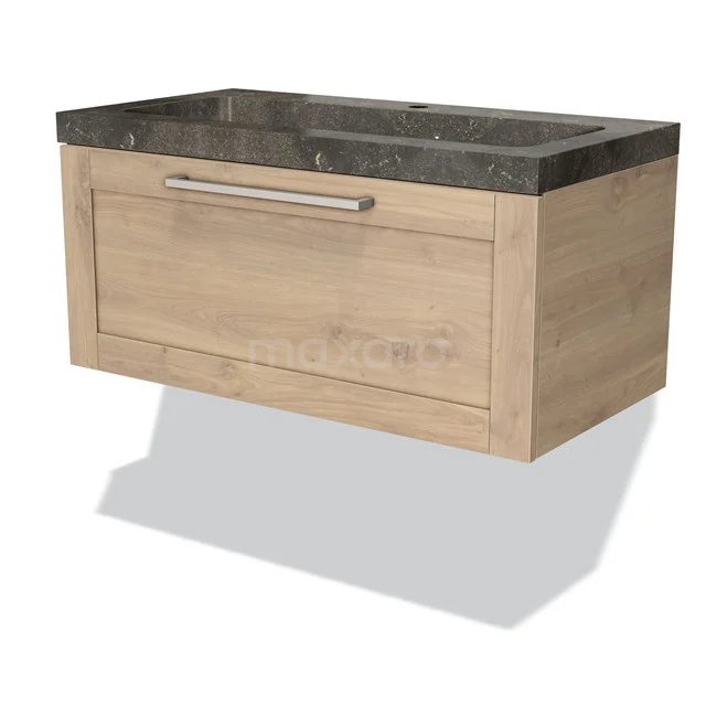 Wooden bathroom unit with drawers, natural look, dark stone worktop and metal Handle, suitable for modern bathroom design.