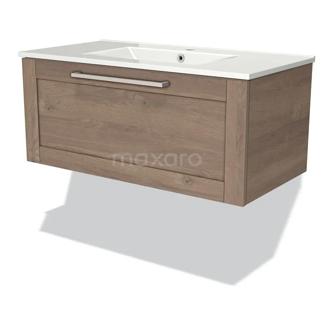 Modulo Vanity units with basin | 90 cm Mid brown oak Frame front Ceramic 1 drawer BMW11-01022 Wooden vanity units with basin, wall-mounted model, light wood colour, ceramic basin and modern handle.