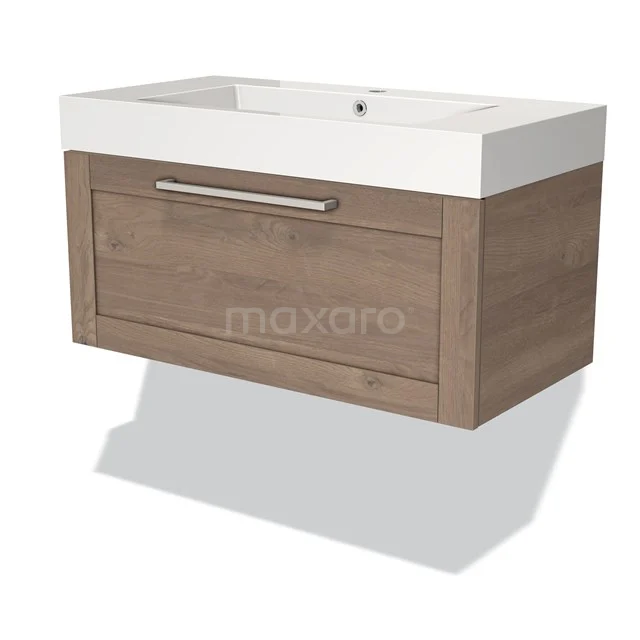 Hölzernes Badmöbel mit Waschbecken, Wandmontage, modernes Design und metallischem Haltegriff, ideal für stilvolles Badezimmerinterieur.