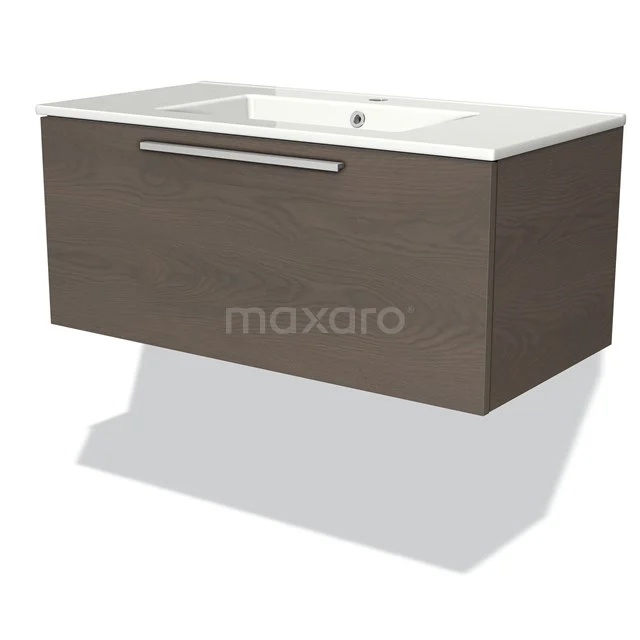 Holz-Badmöbel mit Walnussoptik, Schublade und weißem Waschbecken, modernes Design aus der Milano-Serie.