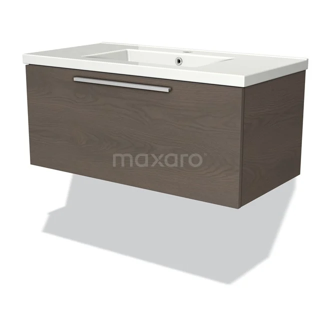 Modulo Bathroom furniture with sink | 90 cm Dark brown oak Flat front Ceramic 1 drawer BMW11-01029 Dark brown wooden floating base cabinet with white ceramic basin worktop, sleek design for modern bathrooms.