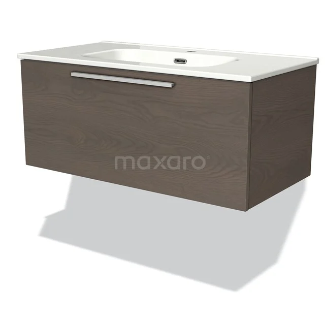 Hängendes Badezimmermöbel in Holzoptik mit weißem keramischen Waschbecken, modernes Design und integrierter Ablage.