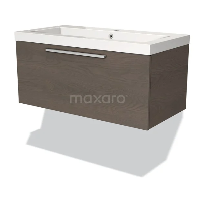 Modulo Waschtische | 90 cm Dunkelbraune Eiche Flach front Mineralguss 1 Schublade BMW11-01032 Wandhängendes Badezimmermöbel Holzoptik braun mit weißem keramischen Waschbecken, modernes Design, einzelne Schublade mit silbernem Haltegriff.