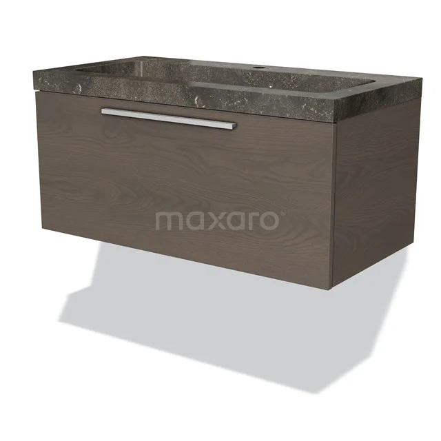 Wooden floating bathroom unit with dark marble vanity units with basin and metal handle, stylish and space-saving design.