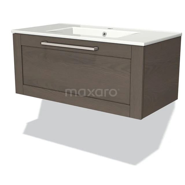 Wooden wall unit bathroom set in brown with white ceramic basin and metal Handle for a modern bathroom style.