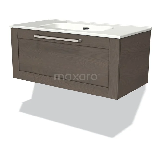 Holz Badezimmermöbel mit hängendem Design, dunkelbraun, integriertes weißes Waschbecken, moderner Haltegriff.