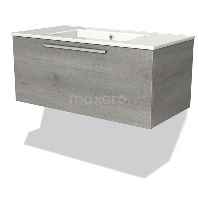 Graue Badmöbelset mit Holzoptik, schwebendem Design und integriertem Waschbecken, ideal für moderne Bäder.