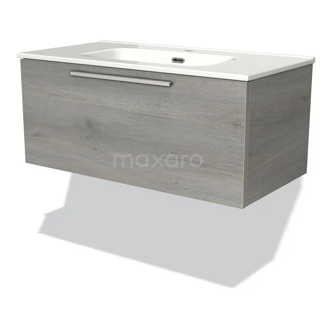 Holz-Badmöbel mit Waschbecken, graue Eicheoptik und schlankem Design, ideal für ein modernes Badezimmer.