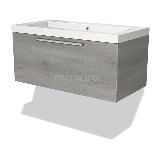 Grey oak vanity units with basin, modern design, floating model with metal handle, perfect addition to any bathroom.