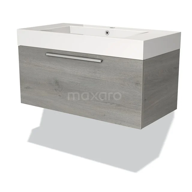 Grey wooden vanity unit with white sink, sleek design and metal Handle, ideal for modern bathroom style.
