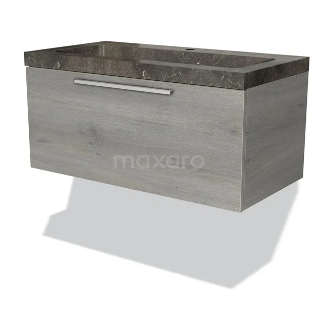 Grey wooden Bathroom unit with drawers and marble-look basin worktop, modern and sleek design for a stylish bathroom.