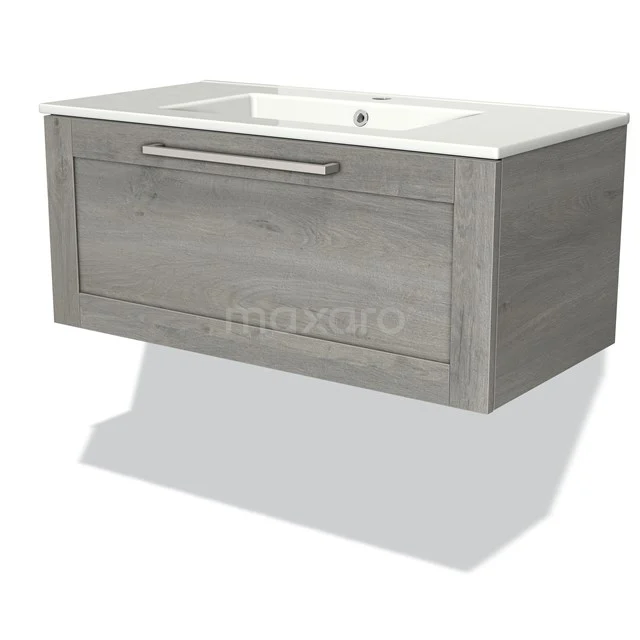 Modulo Bathroom furniture with sink | 90 cm Grey oak Bordered front Ceramic 1 drawer BMW11-01052 Grey floating vanity unit with drawers, wood-look finish and integrated white ceramic basin for modern bathrooms.