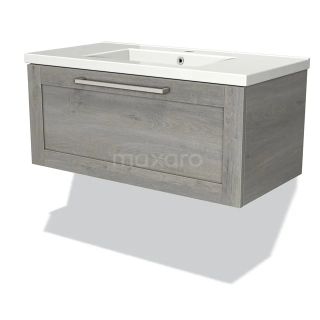 Modulo Vanity units with basin | 90 cm Grey oak Frame front Ceramic 1 drawer BMW11-01053 Grey wooden bathroom unit with drawers and integrated vanity units with basin, modern design, ideal for a stylish bathroom.