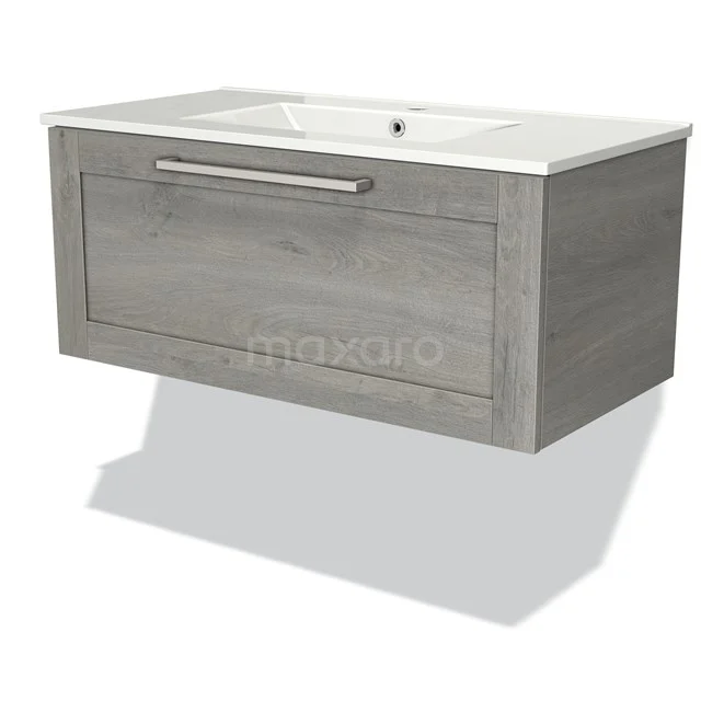 Wooden vanity unit Grey oak with white sink, modern floating design, perfect for stylish bathroom design.