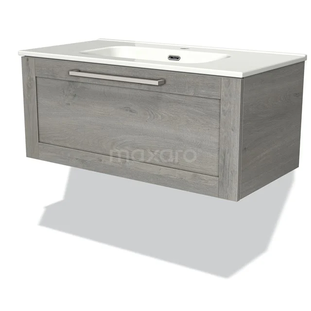 Modulo Waschtische | 90 cm Graue Eiche Rahmen front Keramik 1 Schublade BMW11-01055 Graues Holz Badezimmermöbel mit rechteckigem Waschbecken, moderner Wandmontage und metallischem Haltegriff.