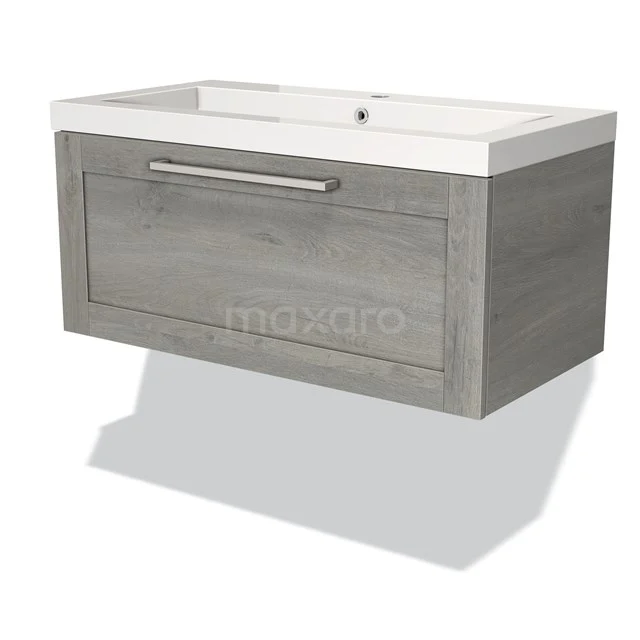 Grauer Holz-Badschrank mit integrierter weißer Waschbecken, modernem Haltegriff und schickem Design für ein stilvolles Badezimmer.