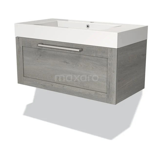 Modulo Vanity units with basin | 90 cm Grey oak Frame front Mineral marble 1 drawer BMW11-01057 Wooden grey bathroom unit with single white vanity units with basin, soft-close drawer and sleek metal handle, modern and functional design.