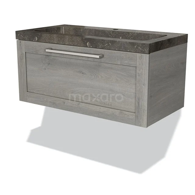 Grey wooden Bathroom unit with drawers, natural stone effect basin worktop and rectangular design, ideal for modern bathrooms.