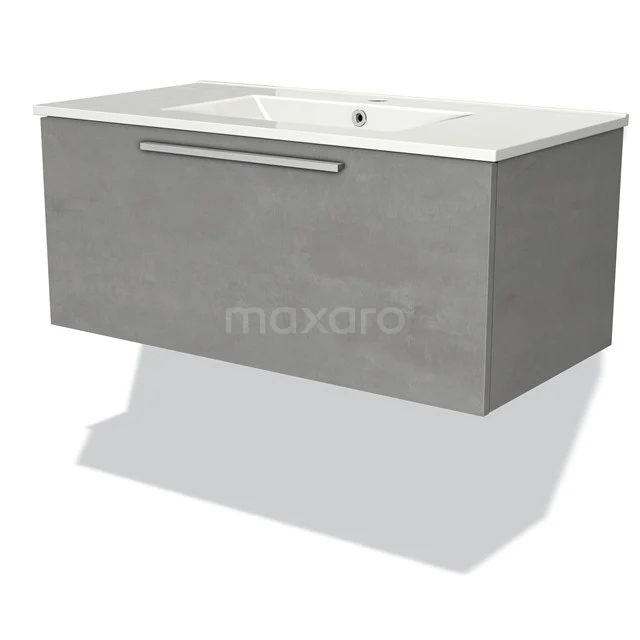 Grau Betonlook Badmöbel mit weißem Waschbecken, Schublade und chromfarbener Haltegriff, modernes Design.