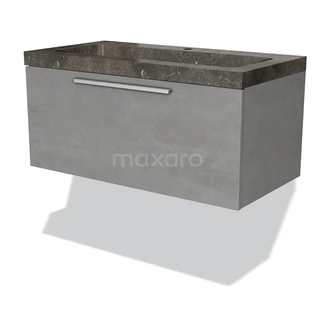 Grey basin base unit with concrete look, anthracite stone top and metal Handle, perfect for a modern bathroom.