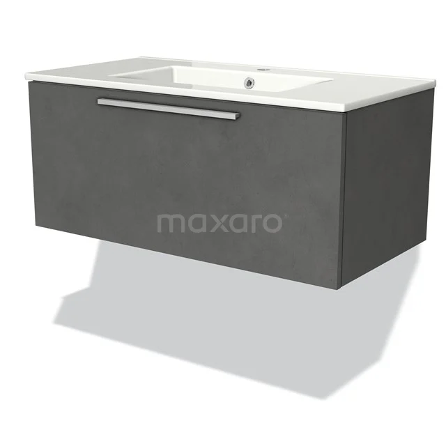 Grey floating bathroom cabinet with built-in basin, modern design, smooth surface, suitable for various bathrooms.