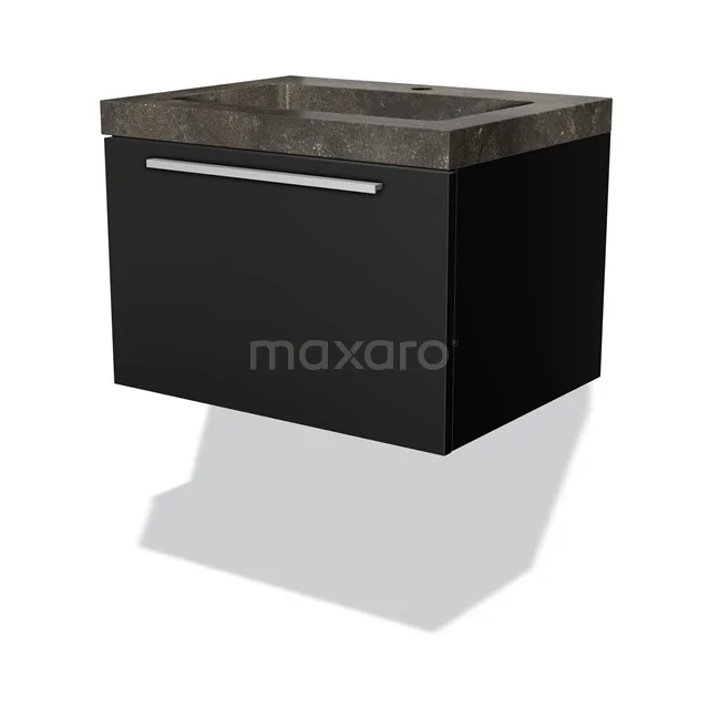 Modulo Waschtische | 60 cm Matt Schwarz Flach front Naturstein 1 Schublade BMW11-01081 Schwarzes schwebendes Badmöbel mit einer Betonlook Waschbecken und chromfarbener Haltegriff, ideal für einen modernen Badezimmerstil.
