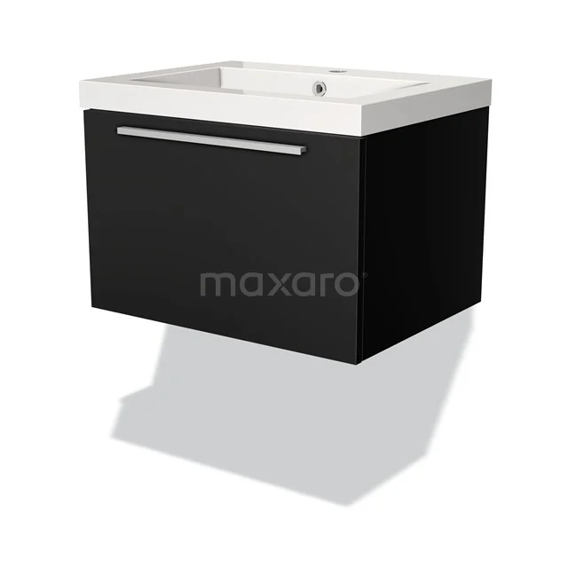 Badmöbel 60cm Modulo Matt Schwarz 1 Schublade Flaches Waschbecken Mineralguss BMW11-01083 Schwarzes schwebendes Badezimmermöbel mit Schublade, schickem Metallgriff und weißem Waschbecken aus Keramik. Modernes Design.