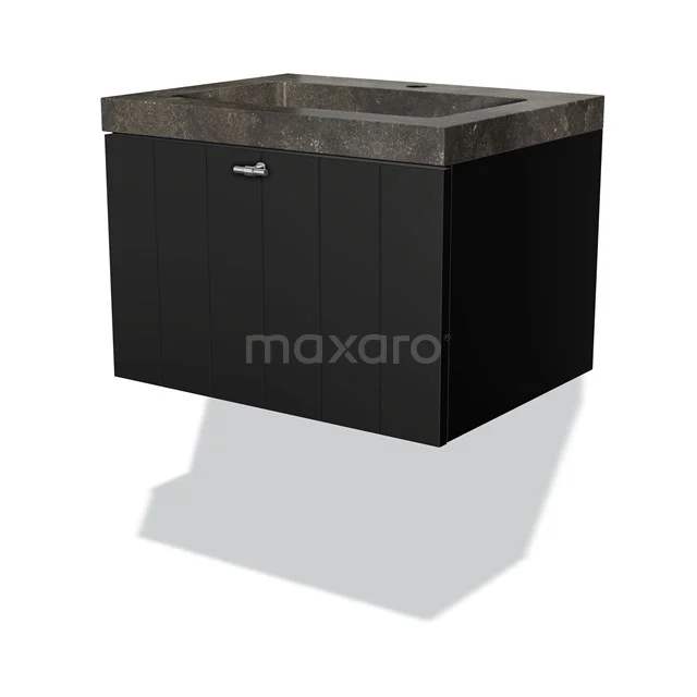 Modulo Vanity units with basin | 60 cm Matte black Slat front Natural stone 1 drawer BMW11-01092 Black bathroom unit with floating design, stone vanity units with basin and chrome handle, perfect for modern bathroom design.