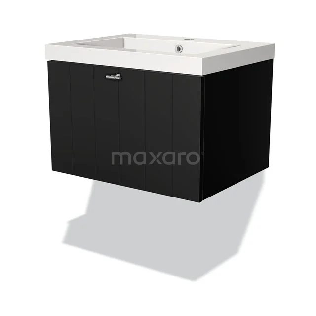 Schwarzes hängendes Badezimmermöbel mit weißem Waschbecken, modernes Design, sauber verarbeitet mit einem einzelnen chromen Haltegriff.