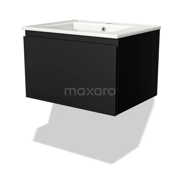 Black wall-mounted bathroom unit with white ceramic basin, modern design, ideal for bathroom storage.