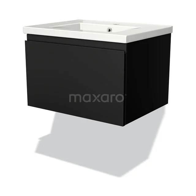Zwarte zwevende badkamermeubelset met strakke wasbak en matte afwerking, ideaal voor moderne badkamers.