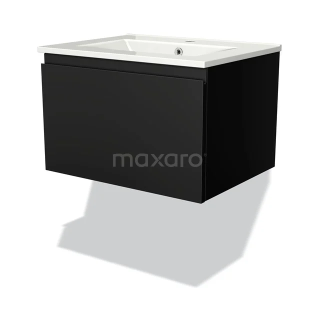 Zwarte, hangende badkamerkast met witte wastafel, modern design, ideaal voor een strak georganiseerde badkamer.
