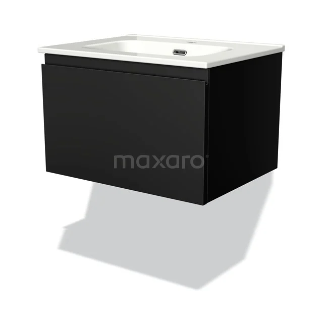 Zwart zwevend badkamermeubel met strakke lijnen en witte wastafel, ideaal voor moderne badkamers.