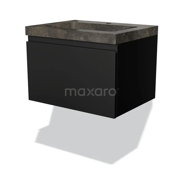 Zwarte zwevende badmeubel met betonlook wastafel, minimalistisch design voor moderne badkamerinterieurs.