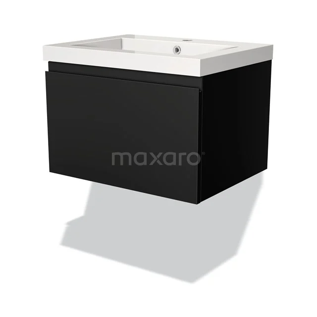 Zwarte zwevende badkamerkast met witte keramische wastafel, strak design, ideaal voor moderne badkamerinrichting.