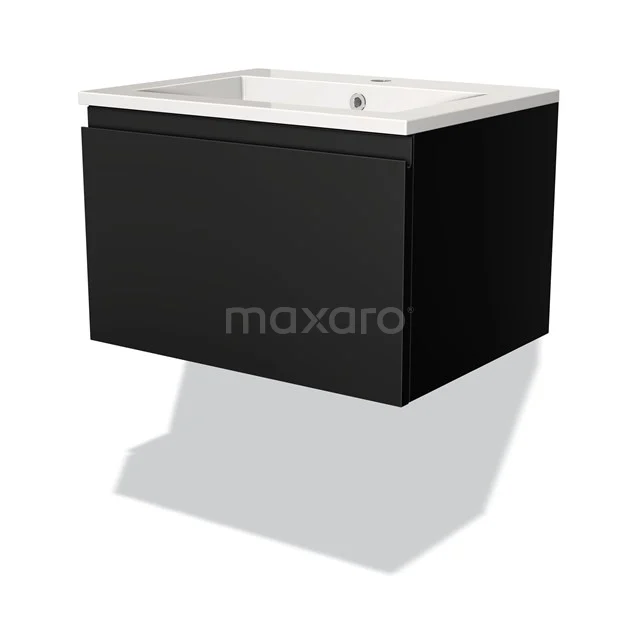 Zwarte zwevende badkamermeubel met witte keramische wastafel, modern design en strak lijnenspel.