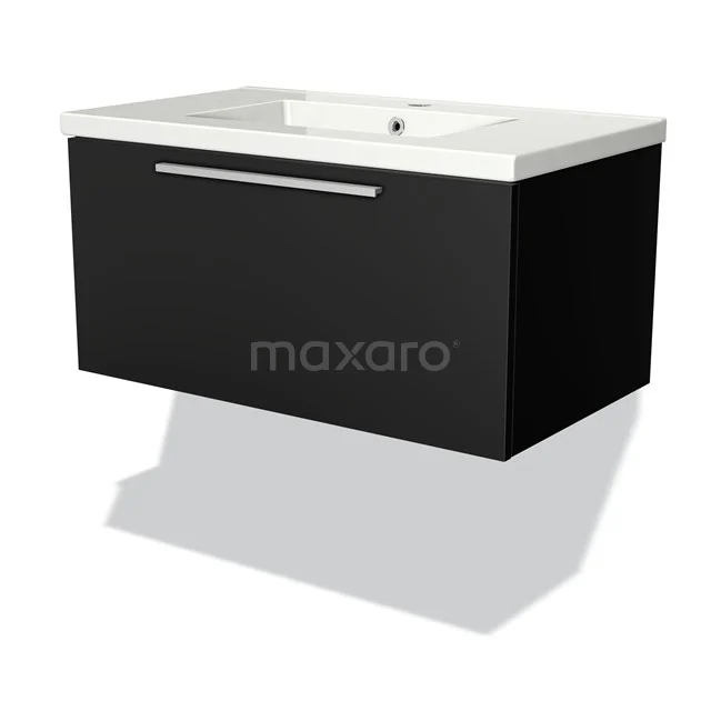 Schwarzer, schwebender Badschrank mit weißem keramischen Waschbecken und metallischem Haltegriff, modernes Design für ein stilvolles Badezimmer.