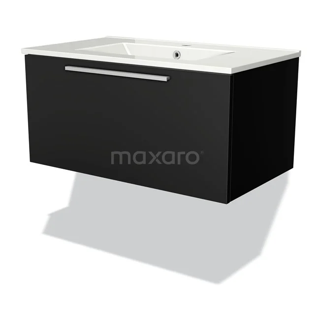 Black hanging bathroom unit with built-in white sink, minimalist design and straight lines, ideal for modern bathrooms.